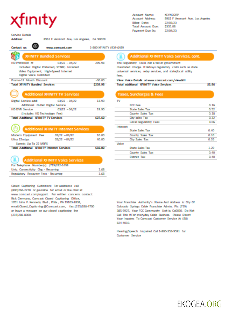 Facture commerciale de services publics San Francisco Xfinity Comcast SCR page 2
